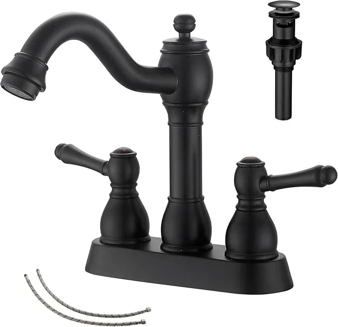GGStudy Matte Black Bathroom Faucet 2 Handles 4 Inches Centerset RV Black Bathroom Vanity Faucet with Drain Assembly and Supply Hose Lavatory Faucet - ModernBath