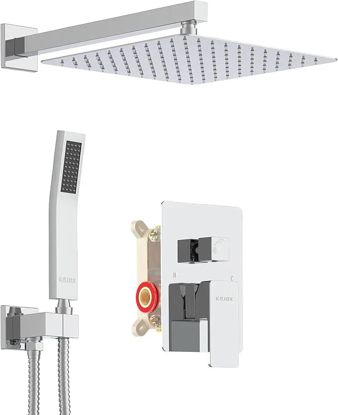 KOJOX Shower System with High Pressure 12 Inch Rainfall Shower Head, Handheld Shower head and Shower Faucet Trim, Rain Mixer Shower Set Wall Mounted Chrome（Valve Include） - ModernBath