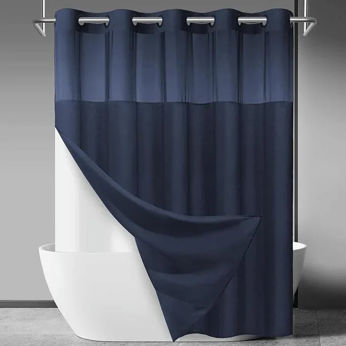 SORTTO No Hook Slub Textured Shower Curtain with Snap in Liner - Navy Fabric Outer Curtain & Waterproof Inner Liner, Hotel Style with See Through Top Window, 71x80 in - ModernBath