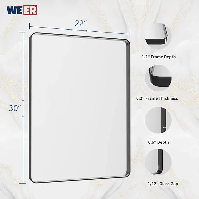 WEER Black Bathroom Mirror 22X30 Inch, Rounded Rectangle Matte Black Bathroom Vanity Mirror, Black Metal Framed Mirror for Wall, Tempered Glass, Anti-Rust, Hangs Horizontal or Vertical - ModernBath