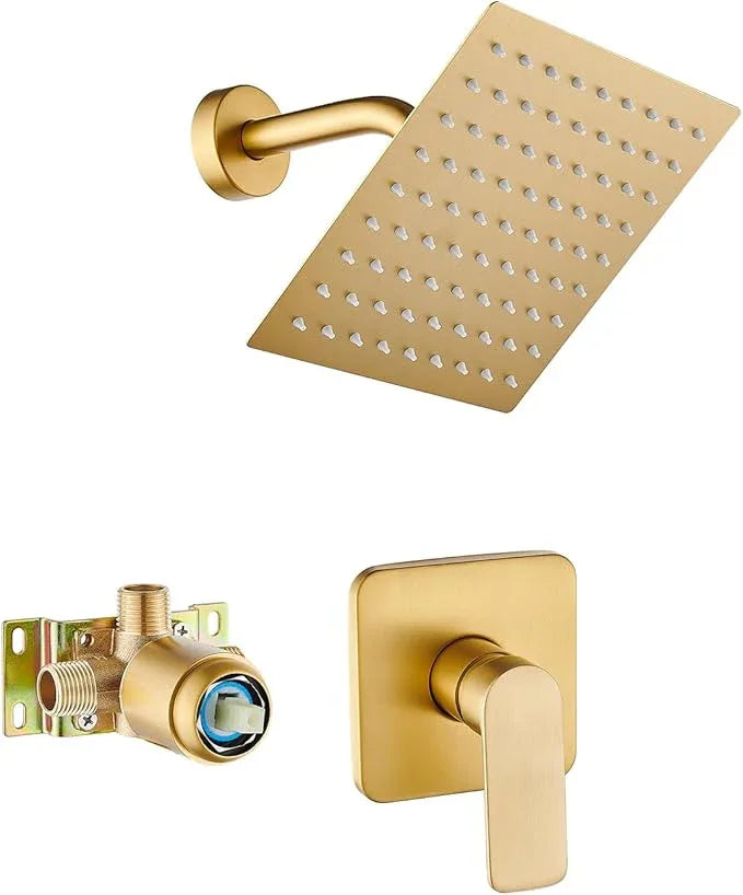 Brushed Gold Shower Faucet Single Function Trim Kit with Rough-in Valve Set Bath Rainfall Shower System 8inch Square Stainless Steel Metal Shower Head - ModernBath
