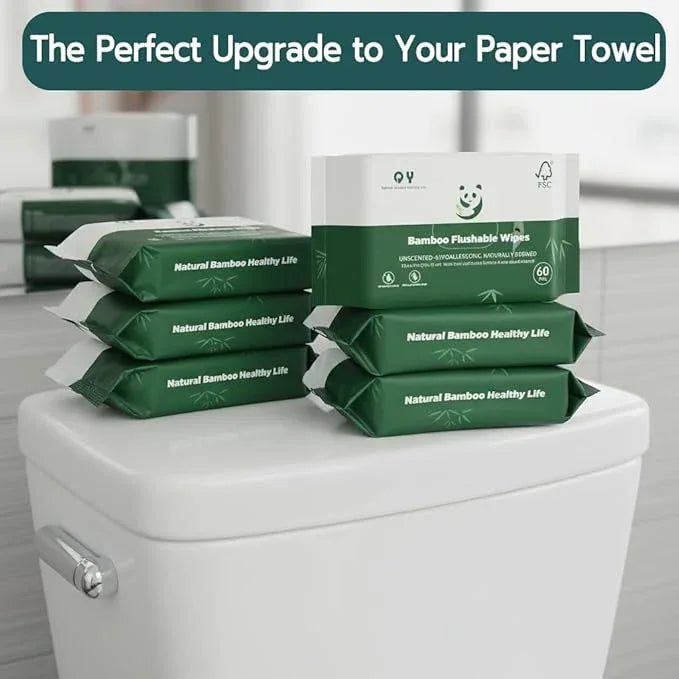 QingYa Bamboo Flushable Wipes,Septic Safe,Soft, Soothing Botanicals & Aloe, Unscented,Eco Friendly, Natural Brown Bamboo-Pulp Based Flusable Wipes for Women/kids/Adults 360Count (6 Packs of 60) - ModernBath