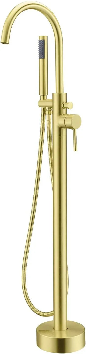 Freestanding Bathtub Faucet Tub Filler Brushed Gold Single Handle Floor Mounted Brass Faucets with Hand Shower - ModernBath