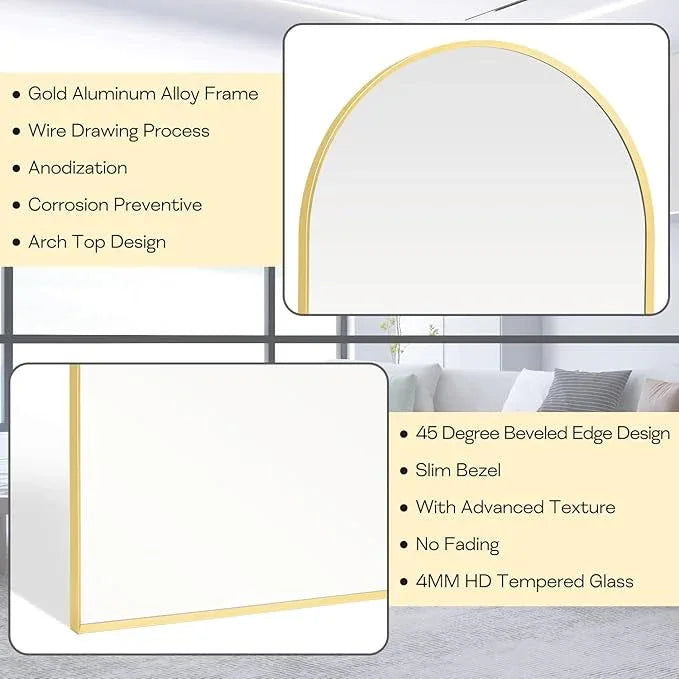 Minuover 24" x 32" Gold Arched Mirror, Arch Wall Mirror, Metal Frame Black Bathroom Mirror, Arched Top Bathroom Vanity Mirror for Living Room, Bedroom, Entryway, Tempered Glass, Shatter Proof - ModernBath