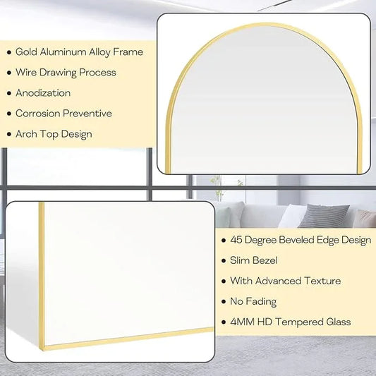 Minuover 22" x 30" Gold Arched Mirror, Arch Bathroom Vanity Wall Mirror, Modern Aluminum Alloy Metal Frame Arch Mirror for Bathroom, Living Room, Bedroom, Entryway, Tempered Glass, Shatter Proof - ModernBath