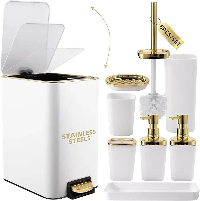 XLHOMO White Bathroom Accessories Set 8 Piece White and Gold Bathroom Set, Bathroom Sets with Stainless Steel Trash Can,Toilet Brush,Toothbrush Set,Soap Dispenser - ModernBath