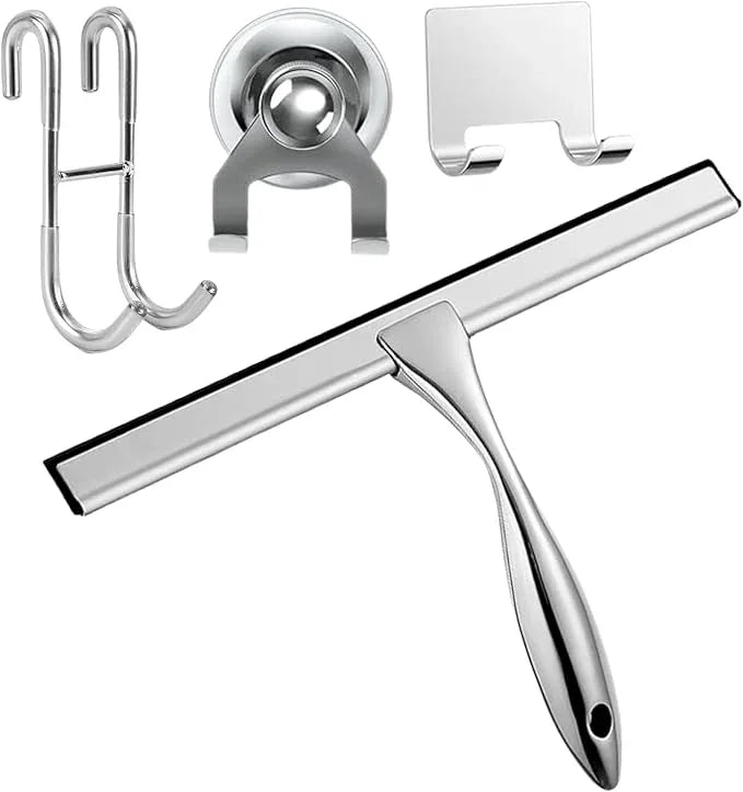 12'' Light Weight Stainless Steel Shower Squeegee for Glass Doors with 4 Pieces Set (1 Window Squeegee, 1 Door Hook and 2 Adhesive Hooks) Perfect Cleaning Tool for Car, Window, Bathroom Mirror - ModernBath