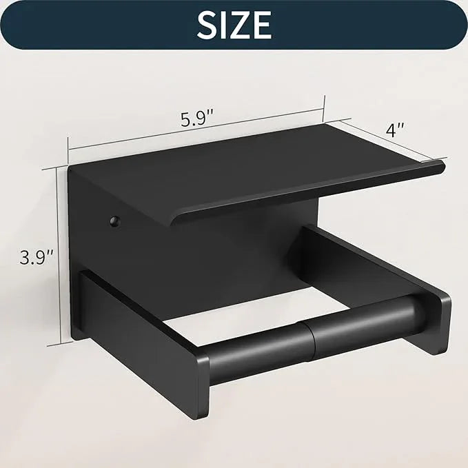 Toilet Paper Holder with Shelf Wall Mount, Self Adhesive or Screw in, Tissue Holder for Bathroom Washroom RV with Spring Rod, Matte Black - ModernBath