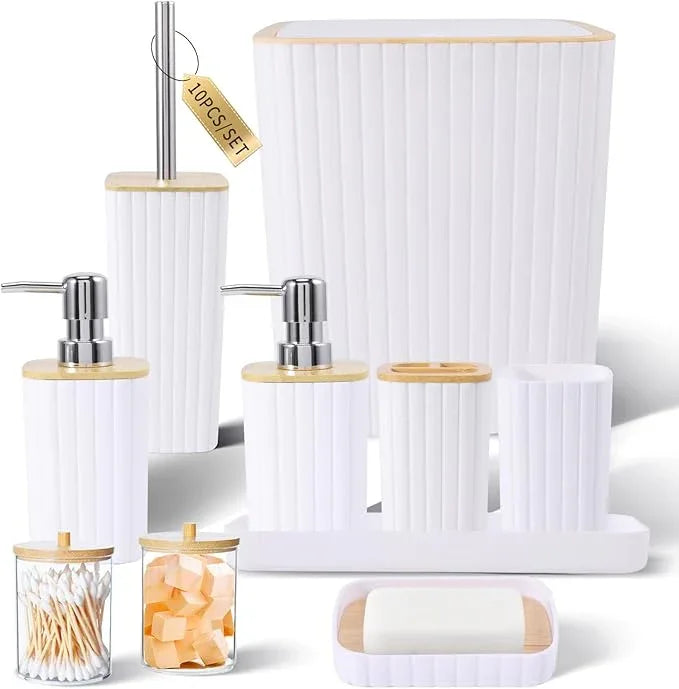 XLHOMO Bathroom Accessories Set - Elegant White Bathroom Set, 10PC Bathroom Accessory Set, Toilet Brush, Trash Can, Qtip Holder Dispenser & Soap Dispenser - ModernBath