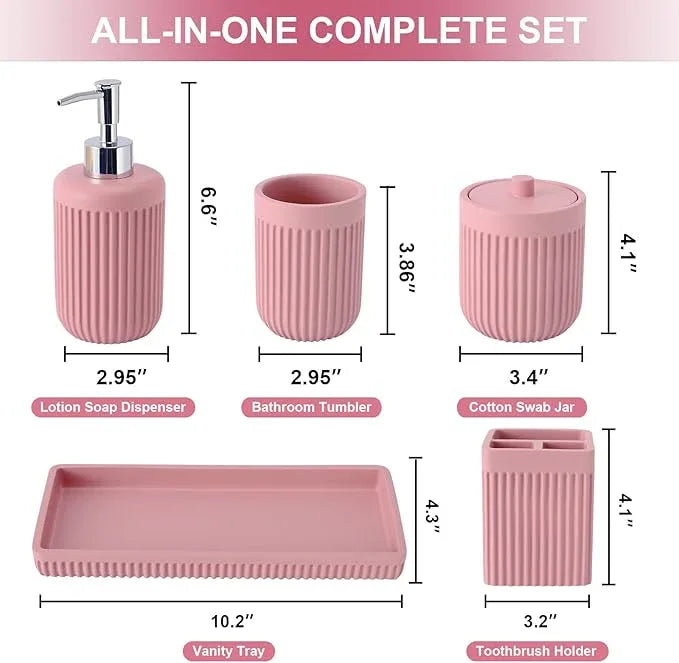 XLHOMO Resin Pink Bathroom Accessories Set 5 Pcs, Lotion Soap Dispenser, Toothbrush Holder, Bathroom Tumbler, Qtip Holder and Vanity Tray, Bathroom Countertop Organizer Set for Modern Home Apartment - ModernBath