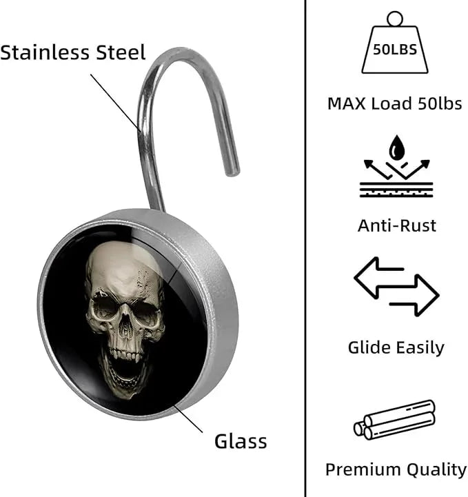 Skull Shower Curtain Hooks Set of 12 Rustproof Metal Shower Hooks for Curtains Rods Shower Curtain Rings for Bathroom Living Room Bedroom Decor - ModernBath