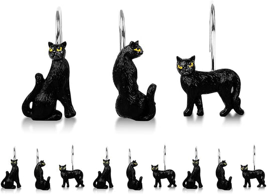 Ruvenis Black Cat Shower Curtain Hooks Set of 12, Hand-Painted Resin Cat Shower Hooks with Rust-Resistant Metal Rings, Decorative Bathroom Accessories