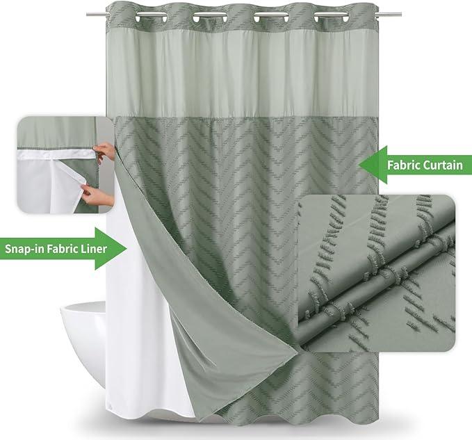 eachope No Hook Tufted Chevron Striped Shower Curtain with Snap-in Fabric Liner set-71Wx74H(72H),Sage Green Hotel Grade Boho Style Shower Curtain with See Through Top Window,Water Repellent - ModernBath