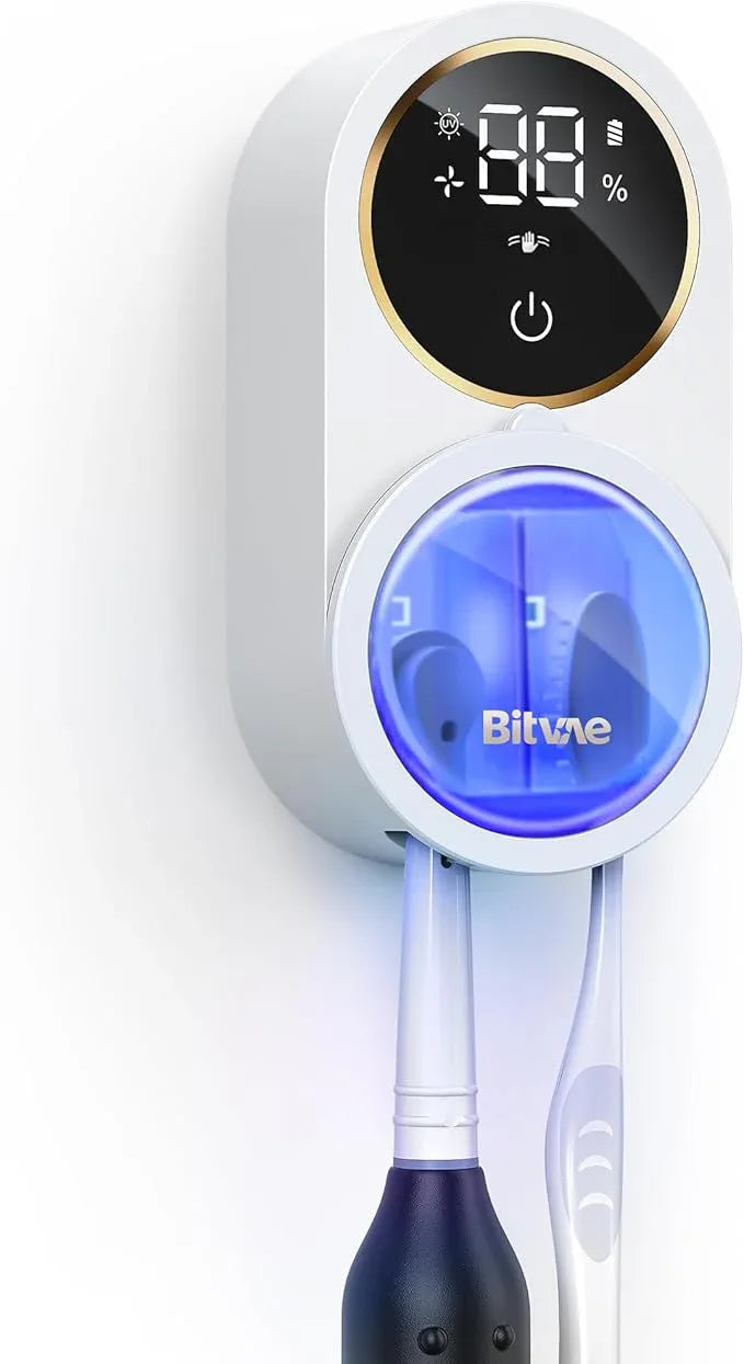 Bitvae Upgraded Tooth Brush Holder for Bathroom 2.0, Infrared Sensing Toothbrush Cleaner, Wall-Mounted for Most Size Toothbrushes, Air Drying, LED Smart Screen, White Gold Trim - ModernBath