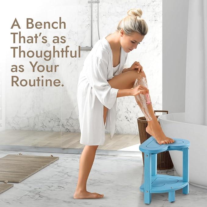 UHA Corner Shower Stool for Shaving Legs， HDPE Waterproof Bathroom Shower Bench, Poly Lumber Corner Seat with Storage Shelf, Adjustable Height Non-Slip Feet, No Maintenance(Pacific Blue) - ModernBath