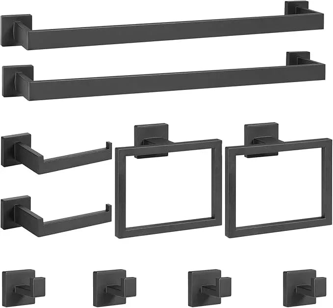 Cilee 10-Pieces Bathroom Hardware Set - Matte Black Bathroom Accessories, 24 Inch Towel Bar, Square Towel Ring, Toilet Paper Holder, Towel Hook, Wall-Mounted Stainless Steel Towel Bar Rack Set - ModernBath