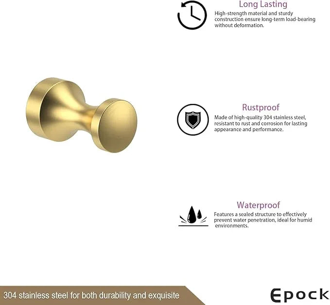 Epock Towel Hooks for Bathrooms Set of 3, Screw-in Stainless Steel Robe Coat Clothes Hook Bathroom & Kitchen Round Style Small Wall Hooks Rustproof -Brushed Gold - ModernBath