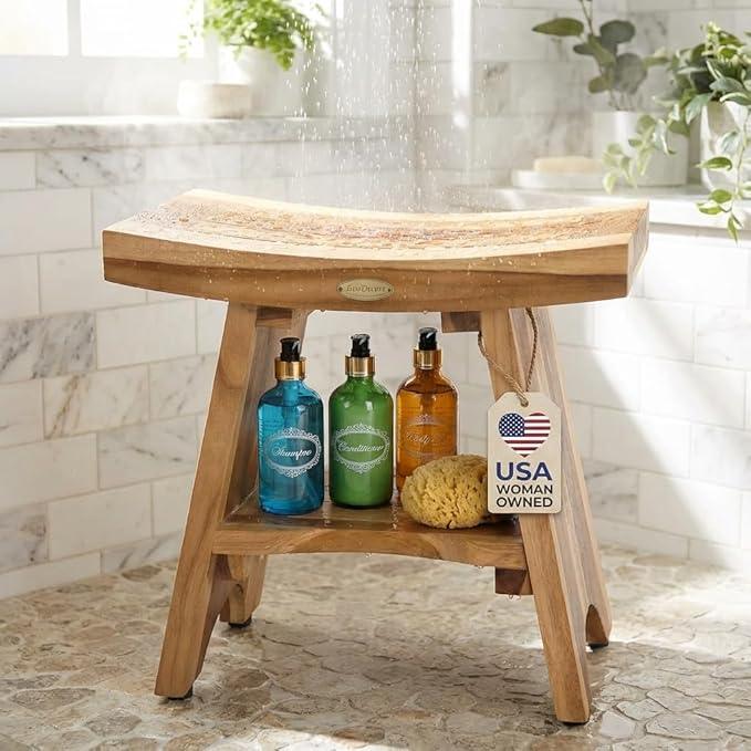 EcoDecors Teak Shower Bench 18", 300 lb Capacity – Waterproof Wood Bath Seat with Shelf, Spa Seating for Adults – Compact Fit for Small Bathrooms & Walk-in Showers – Slip-Resistant Feet - ModernBath