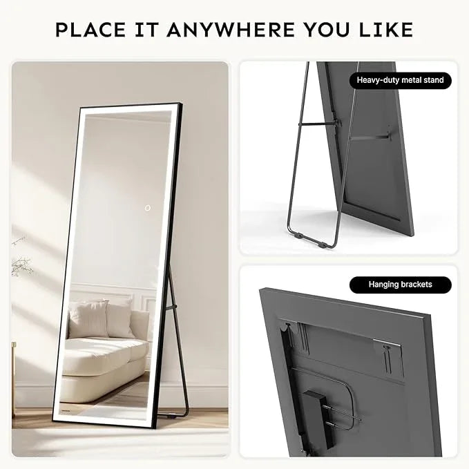 Kosmonia 71x24 Full Length Mirror, Dimmable 3 Color LED Light w/Light Memory, Distortion Free Silver Coating Mirror, HD Reflection &Anti Desilvering,Tempered Glass &Shatter Proof Film Doubles Safety - ModernBath