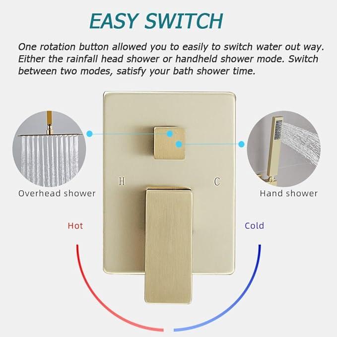 JingGang 12 Inch Ceiling Mount ‎Brushed Gold Shower System Bathroom Luxury Rain Mixer Shower Combo Set Ceiling Rainfall Shower Head System (Contain Shower Faucet Rough-in Valve Body and Trim Kit) - ModernBath