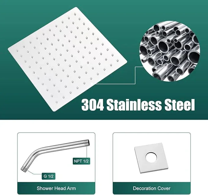 Heyalan 8 Inch Shower Head and Handle Set Square Shower Faucet Set Bathroom Rainfall Shower Faucet Set Stainless Steel Showerhead Single Function Shower Trim Kit,Male Thread Valve,Polished Chrome - ModernBath