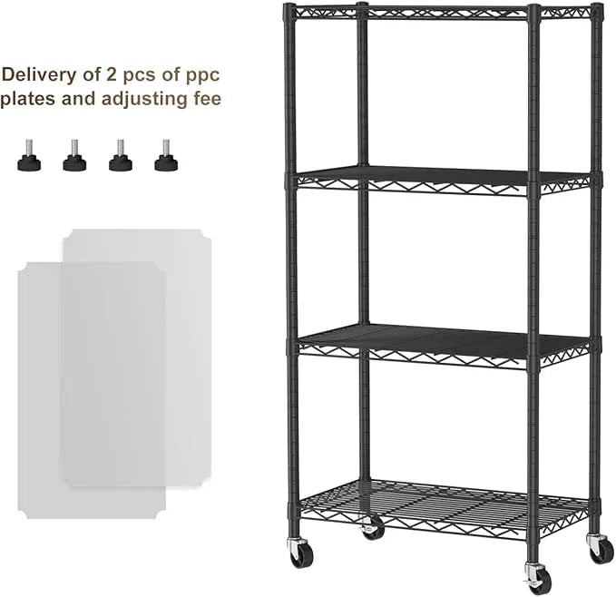 4 Tier Shelves Storage Shelf Wire Closet Bathroom Organizers Metal Pantry Kitchen Garage Shelving Unit Laundry Room Organization Home Rack Net Basket Black with Wheels 14”D X 24”W X 48.9”H - ModernBath