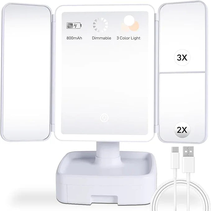 Makeup Vanity Mirror with Light, Triple Magnification (1X/2X/3X) with Storage, Touch Control and 3-Color dimming Lighting, Portable Travel Trifold Mirror，Gift for her - ModernBath