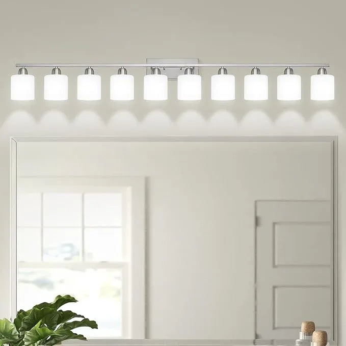 Brushed Nickel Bathroom Vanity Light for Giant Mirror, 10 Light Brushed Nickel Vanity Lights, 65 inch Wall Lamps for Bedroom for Mirrors with Milky White Frosted Glass Shades, E26 - ModernBath