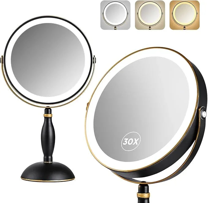 30x Magnifying Mirror with Light, Matte Black with Gold Trim, Makeup Mirror with 3 Color Lights & Brightness Adjustable, 5000mAh Rechargeable Vanity Mirror, Modern Style Side Touch + Side Charge - ModernBath