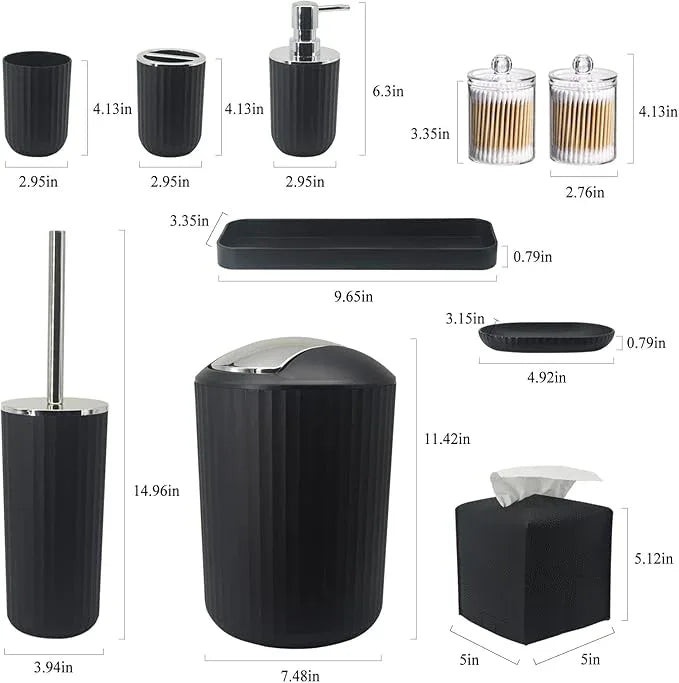 Bathroom Accessory Set - 10 Piece Black Bathroom Accessories Set with Trash Can, Toothbrush Holder and Cup, Soap Dispenser, Soap Dish, Toilet Brush Holder, Vanity Tray, Qtip Holder, Tissue Box Cover - ModernBath