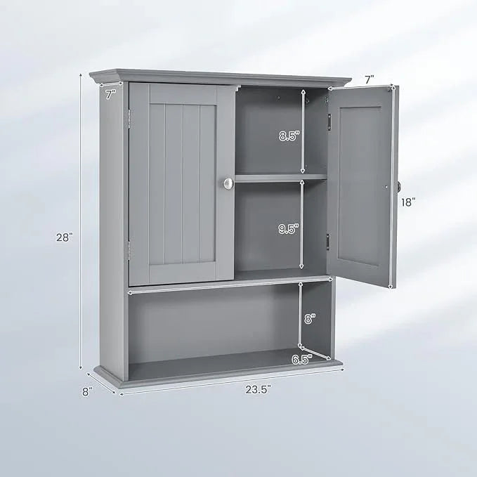 Tangkula Bathroom Wall Cabinet, Wooden Hanging Cabinet with Doors & Shelves, Multipurpose Storage Cabinet for Restroom Kitchen Living Room, Wall Mounted Bathroom Medicine Cabinet (Grey) - ModernBath