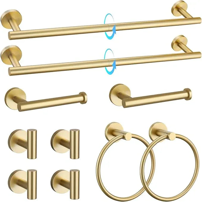 TQKAG Brushed Gold Bathroom Hardware Accessories Set 10-Pieces, Premium SUS304 Stainless Steel Bathroom Towel Bar Holder Set 23.6 Inch Round Towel Racks for Bathroom Wall Mounted - ModernBath