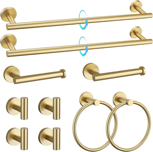 TQKAG Brushed Gold Bathroom Hardware Accessories Set 10-Pieces, Premium SUS304 Stainless Steel Bathroom Towel Bar Holder Set 23.6 Inch Round Towel Racks for Bathroom Wall Mounted - ModernBath