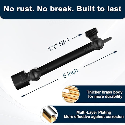 BRIGHT SHOWERS Shower Head Extension Arm with Locking Nut,Solid Brass 5 Inch Universal Shower Arm Extender for Rain and Handheld Showerhead, Height & Angle Adjustable, Matte Black