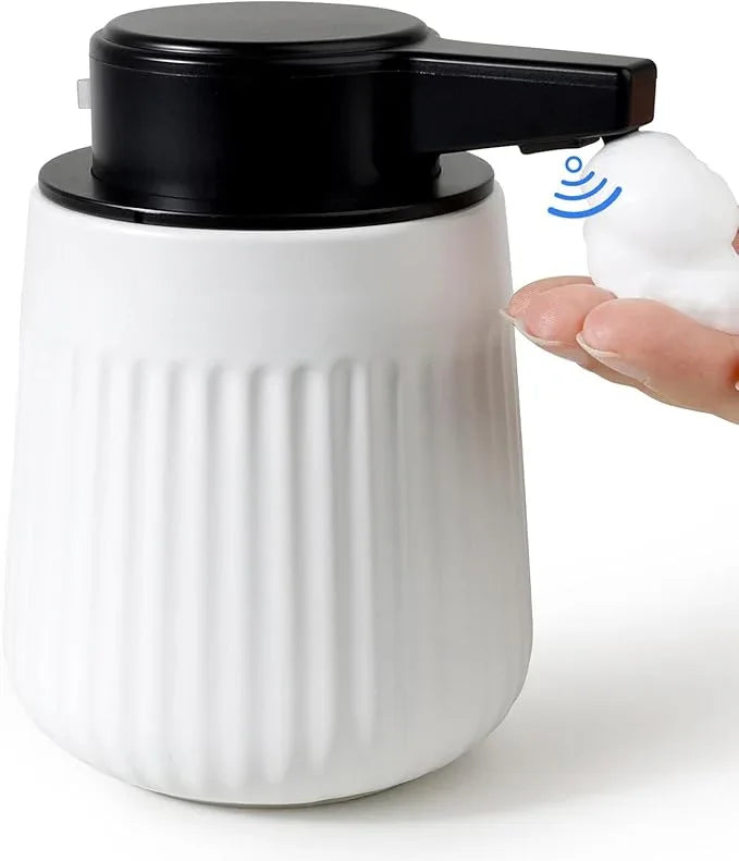 BosilunLife Ceramic Automatic Soap Dispenser with Extended Pump Nozzle, 3 Adjustable Levels, Touchless Foam Hand Wash Foaming Dispenser for Bathroom & Kitchen, Striped Design, White, 10oz - ModernBath