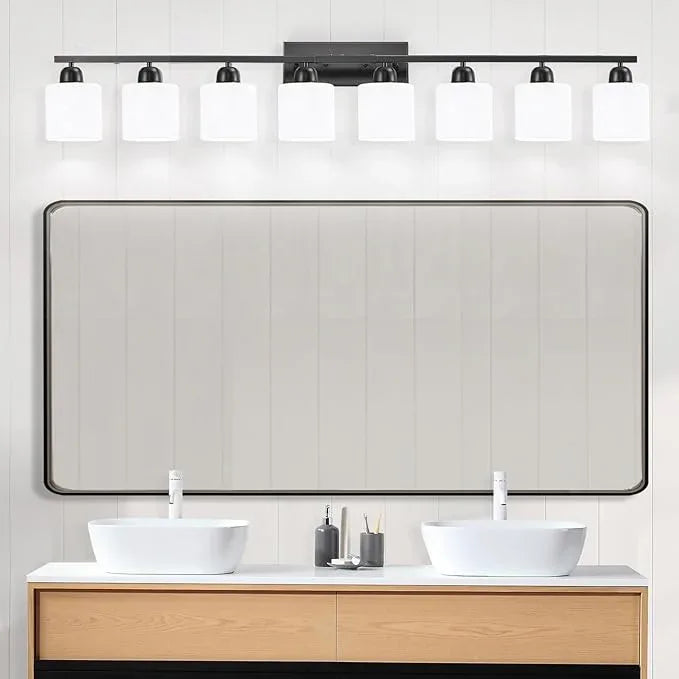 FAISHILAN 8 Light Black Bathroom Light Fixtures Over Mirror for Big Mirror, Modern Bathroom Lighting with Milky White Frosted Glass Shades,51 inch Lights for Vanity for Mirrors, E26 - ModernBath