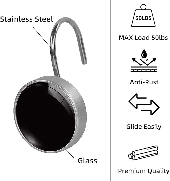 Black Shower Curtain Hooks Set of 12 Rustproof Metal Decorative Shower Hooks for Curtains Rods Shower Curtain Rings for Bathroom Living Room Bedroom - ModernBath