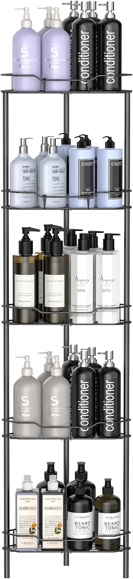 5 Tier Floor Standing Corner Shower Caddy Organizer Shelf with Hooks, Bathroom Shelves Stand Rack, Matt Black - ModernBath