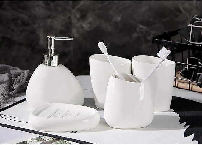 BLBYHO White Ceramic Bathroom Accessory Set, Bathroom Vanity Countertop Set, Bathroom Soap Dispenser and Toothbrush Holder Set Complete, 2 Tumbler Cup, Soap Dish, 5 Pieces - ModernBath