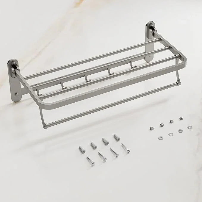 Bathroom Towel Rack with Storage Shelf and 5 Hooks, 23.6 in Foldable Towel Shelf Bar, Wall Mounted Lavatory Organizer,Brushed Nickel - ModernBath