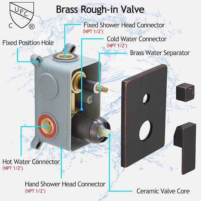 YCAIKOI Oil Rubbed Bronze Shower System, 8 Inch High Pressure Rain Shower with Handheld, Wall Mount Shower Faucet Set for Bathroom, Rough-in Valve Body and Trim Included - ModernBath