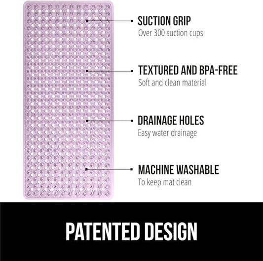 GORILLA GRIP Patented Bath Tub Shower Mat, Machine Washable Bathtub Floor Liner Mats, Suction Cups and Drain Holes to Keep Tubs Clean, Soft on Feet, Bathroom Essentials, 35x16 Inch, Clear Purple - ModernBath