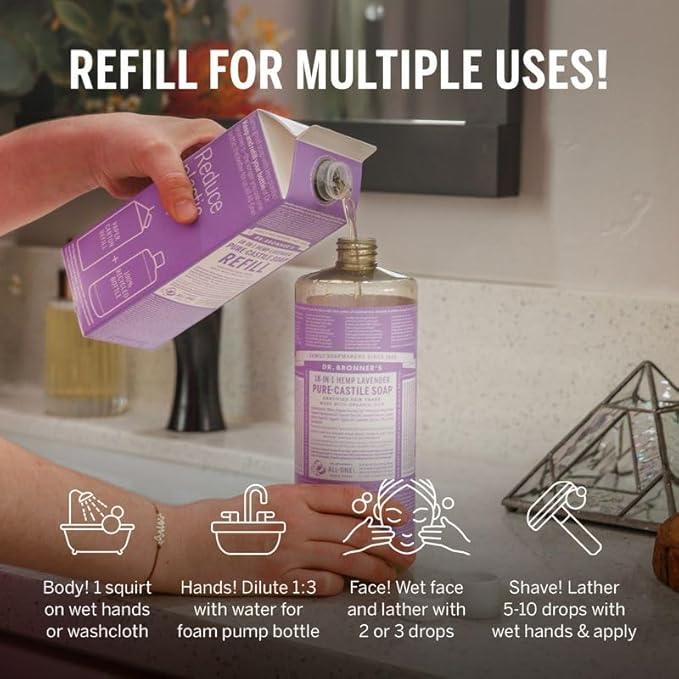 Dr. Bronner's Pure-Castile Liquid Magic Soap Refill - Made with Regenerative Organic Certified Oils, 86% Less Plastic per Quart - 18-in-1 Uses for Face, Body Wash, Hand Soap Refill- Lavender, 32oz - ModernBath