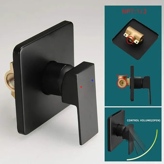 Heable Matte Black Shower Faucet Set, Single Function Shower Trim Kit with Rough-in Valve, Square Rain Shower Head System Included Extra Long Shower Arm for Bathroom - ModernBath