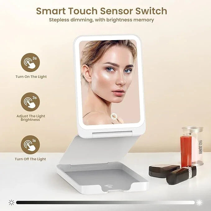 LAMPICK Travel Makeup Mirror with Lights, Foldable 1X Vanity Lighted Mirror with 10X Magnification, Rechargeable 1500mAh, Dimmable Touch Screen, Freely Adjust Height and Angle - ModernBath
