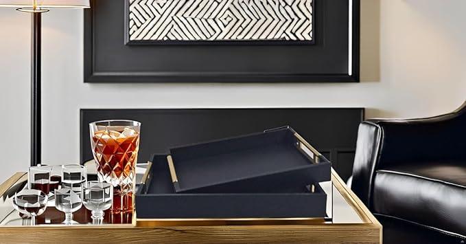 Set of 2 Wood Serving Tray with Gold Polished Metal Handles, Home Decorative Wooden Rectangle Ottoman Leather Decor Platter Bathroom Vanity Tray for All Occasions (Black) - ModernBath