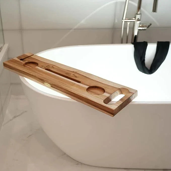 EcoDecors Eleganto 30" Live Edge Solid Teak Bath Caddy Tray with Handle, Book & Tablet Holder, Wine Glass Holders, Luxury Bathtub Tray - ModernBath
