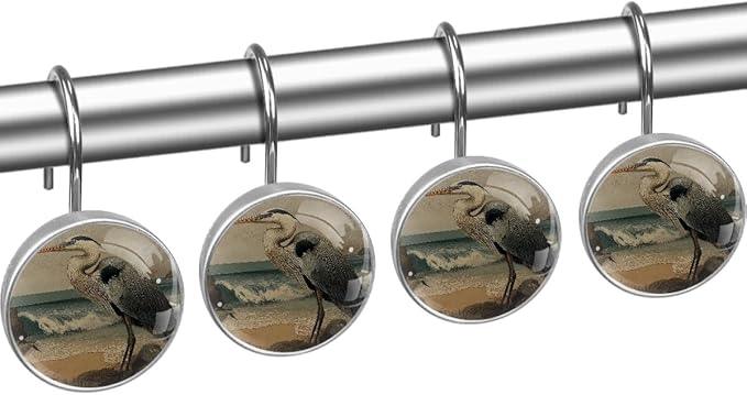 Beach Heron Shower Curtain Hooks, 12Pcs Decorative Rust Resistant Shower Rings for Shower Curtain Rods, Stainless Steel Round Curtain Hooks for Bathroom, Bedroom, Farmhouse - ModernBath