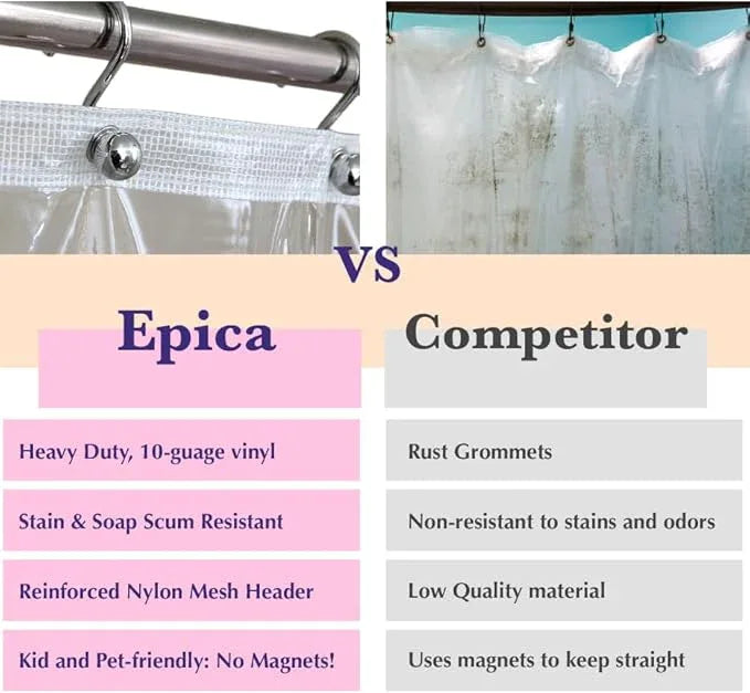 Epica Shower Curtain – Strongest Heavy-Duty Clear Vinyl 72x72 Shower Curtain Liner – Stain & Soap Scum Resistant with Rust-Proof Metal Grommets (Frosted) - ModernBath