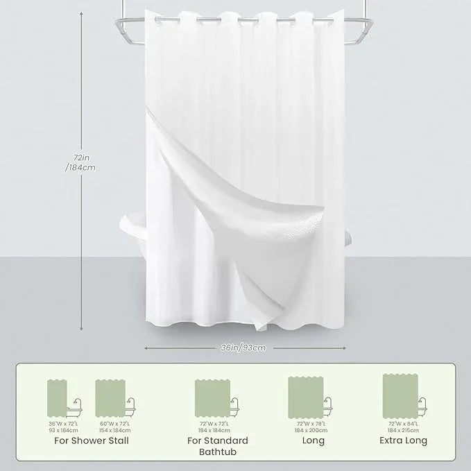 Inhousolu No Hook Waffle Weave Shower Curtain with Removable Snap in Fabric Liner Set for Bathroom, 230 GSM Heavy Duty Weighted Hem, Water Repellent Washable Bath Curtains, 36 x 72 Inch, White - ModernBath
